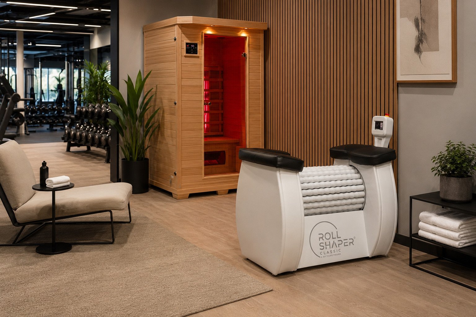 Gym recovery zone with Roll Shaper and infrared sauna
